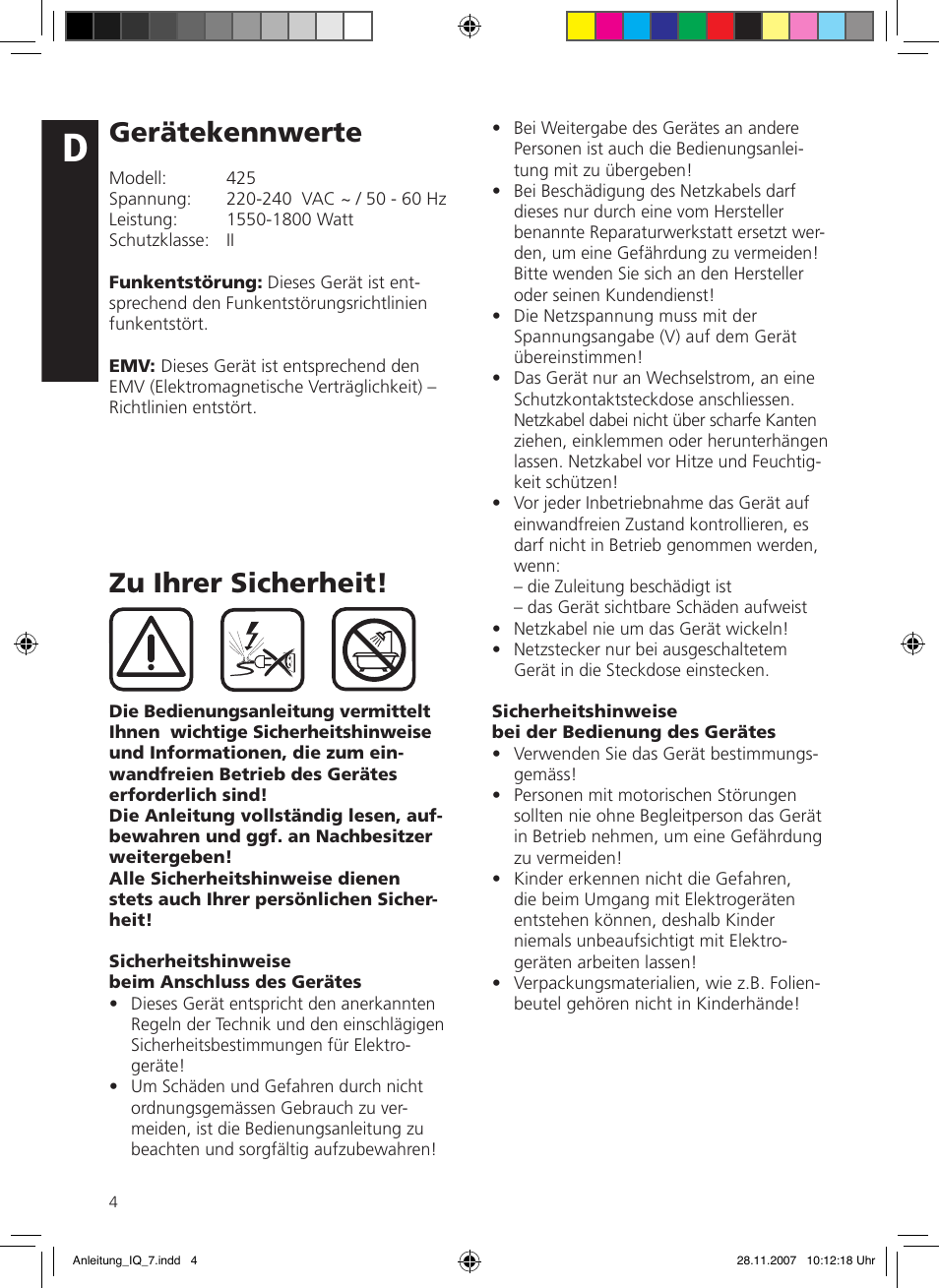 Gerätekennwerte, Zu ihrer sicherheit | SOLIS IQ-7 classic User Manual | Page 4 / 16