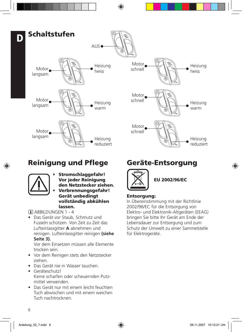 Geräte-entsorgung, Reinigung und pﬂege, Schaltstufen | SOLIS IQ-7 classic User Manual | Page 6 / 16