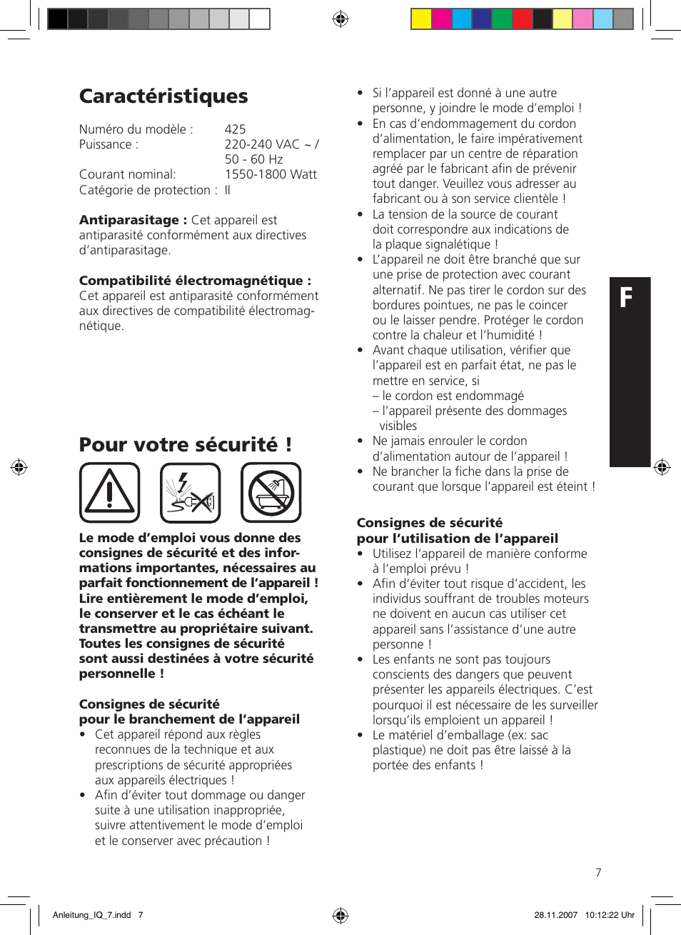 Caractéristiques, Pour votre sécurité | SOLIS IQ-7 classic User Manual | Page 7 / 16