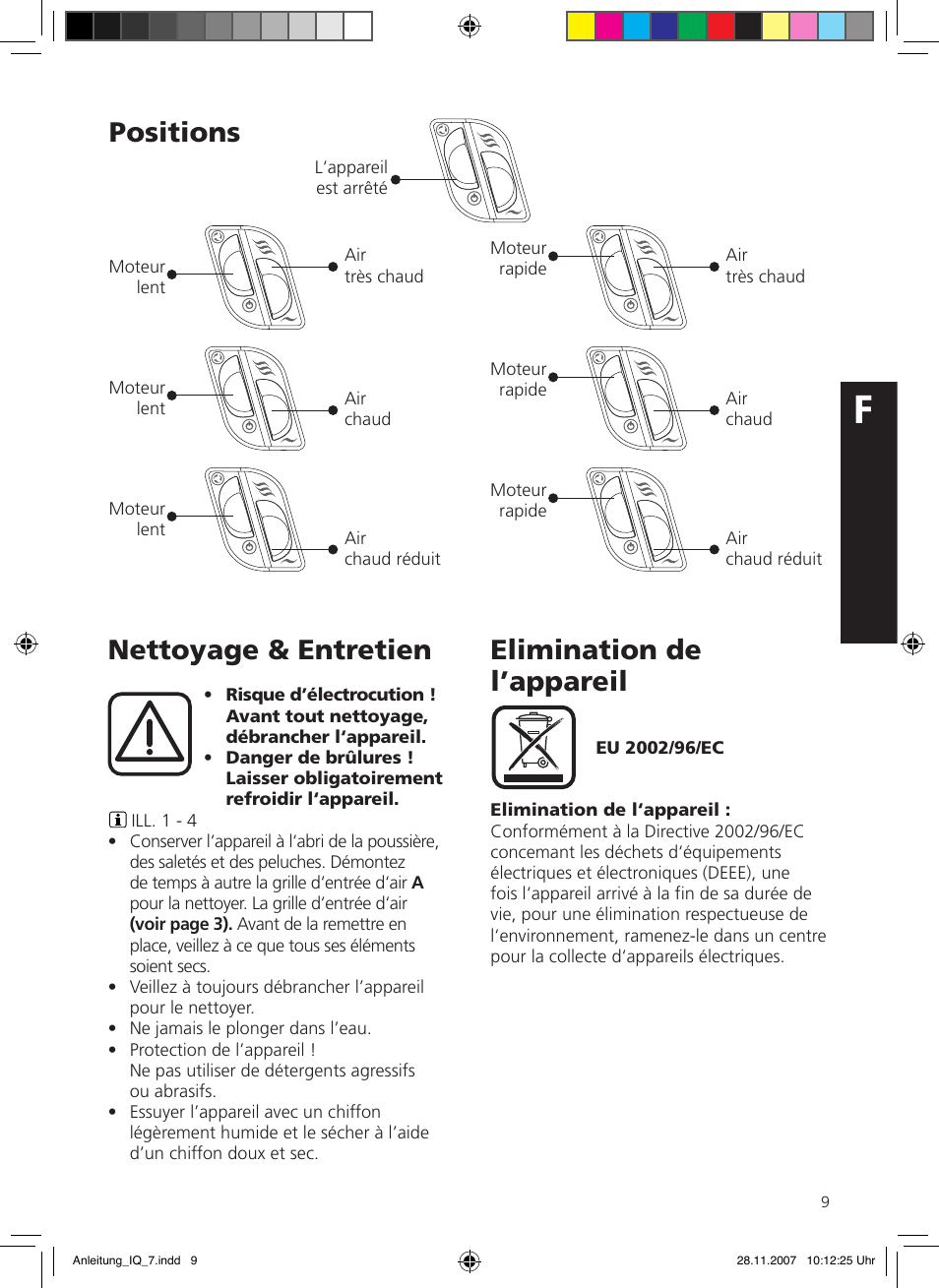 Nettoyage & entretien, Elimination de l’appareil, Positions | SOLIS IQ-7 classic User Manual | Page 9 / 16