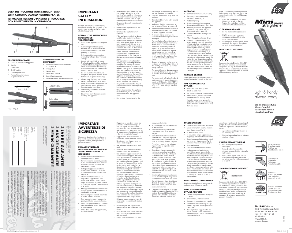 SOLIS Mini Straightener Ceramic User Manual | 2 pages