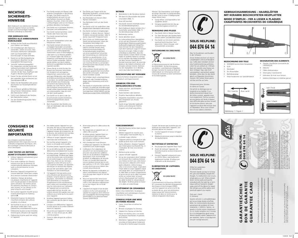 Wichtige sicherheits­ hinweise, Solis helpline, Consignes de sécurité importantes | SOLIS Mini Straightener Ceramic User Manual | Page 2 / 2