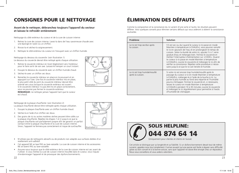Consignes pour le nettoyage, Élimination des défauts, Solis helpline | SOLIS Rice Cooker Compact User Manual | Page 12 / 20