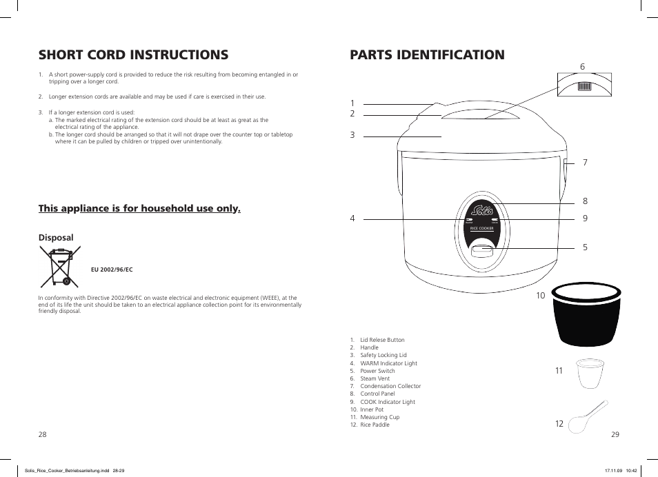 Short cord instructions, Parts identification | SOLIS Rice Cooker Compact User Manual | Page 15 / 20