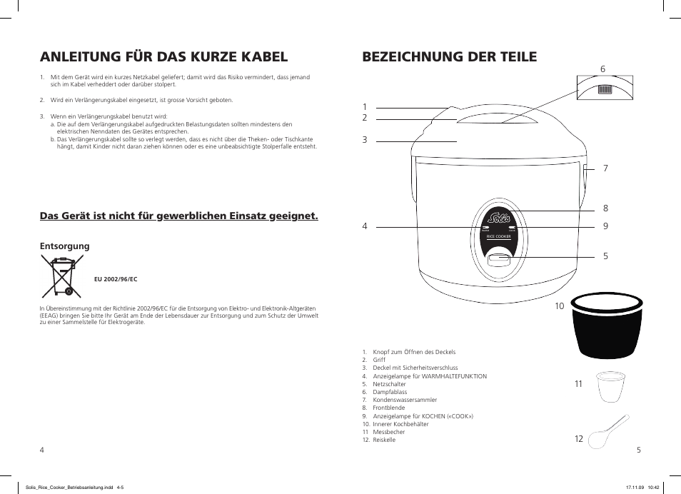 Anleitung für das kurze kabel, Bezeichnung der teile | SOLIS Rice Cooker Compact User Manual | Page 3 / 20