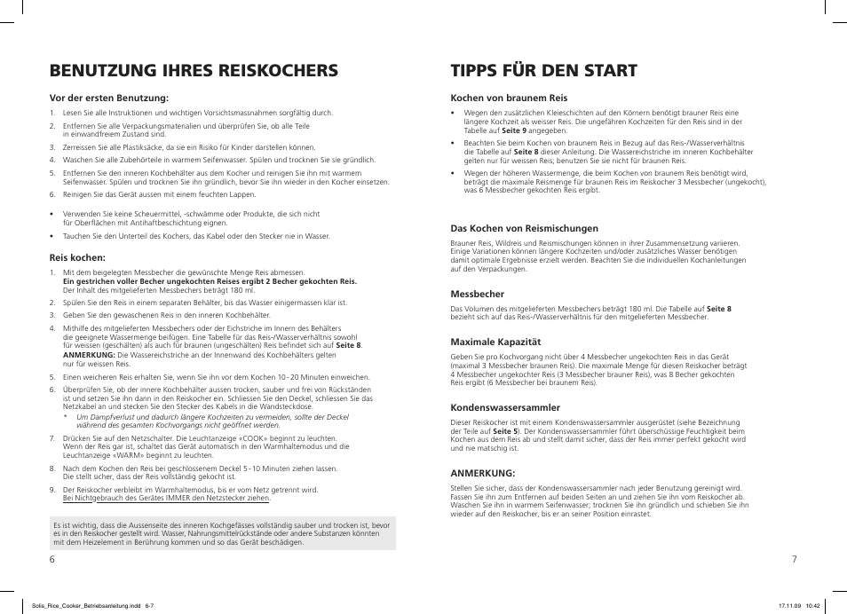 Benutzung ihres reiskochers, Tipps für den start | SOLIS Rice Cooker Compact User Manual | Page 4 / 20