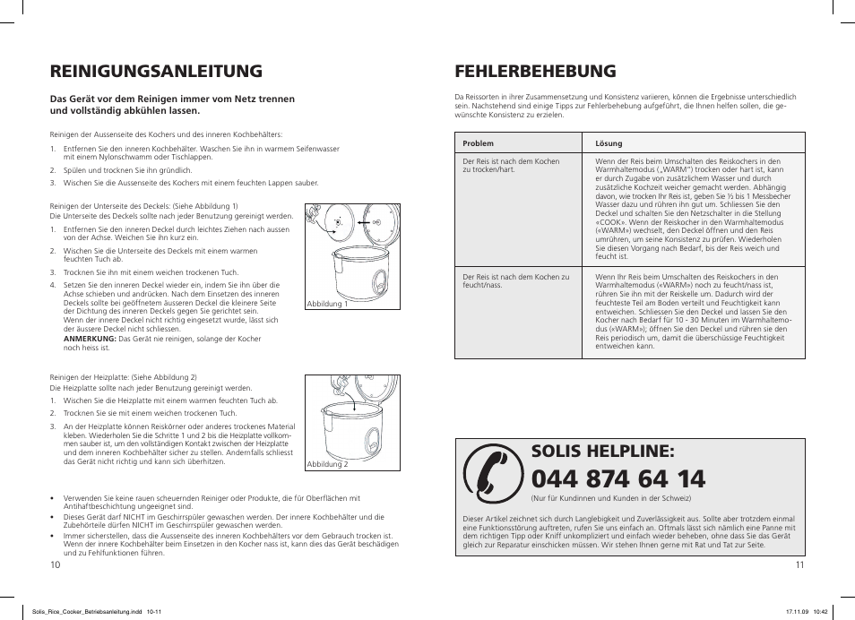 Reinigungsanleitung, Fehlerbehebung, Solis helpline | SOLIS Rice Cooker Compact User Manual | Page 6 / 20