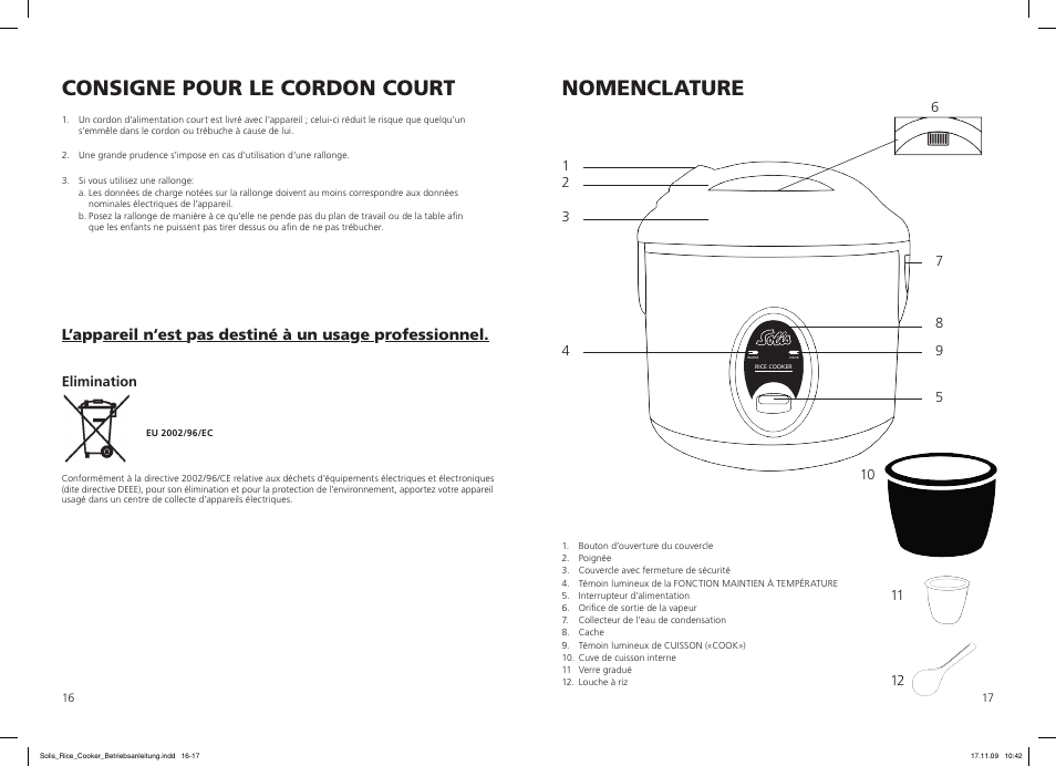 Consigne pour le cordon court, Nomenclature | SOLIS Rice Cooker Compact User Manual | Page 9 / 20