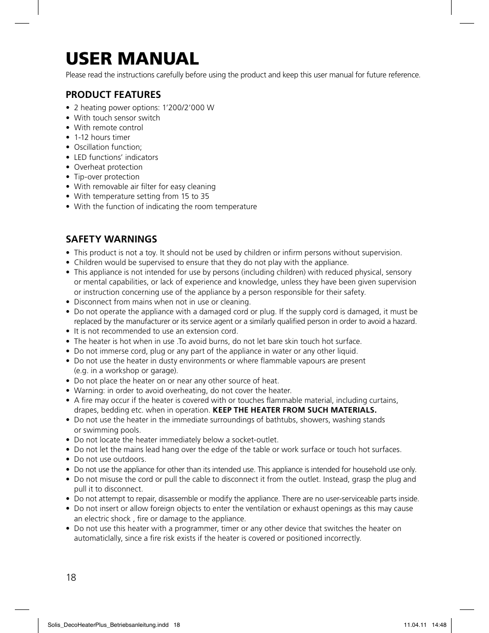 User m anual | SOLIS Deco Heater Plus User Manual | Page 18 / 34