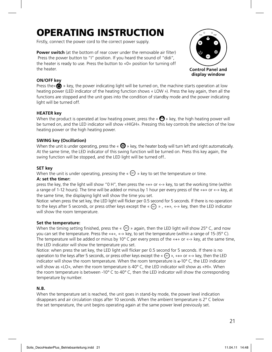 O p er ating instr uc tio n | SOLIS Deco Heater Plus User Manual | Page 21 / 34