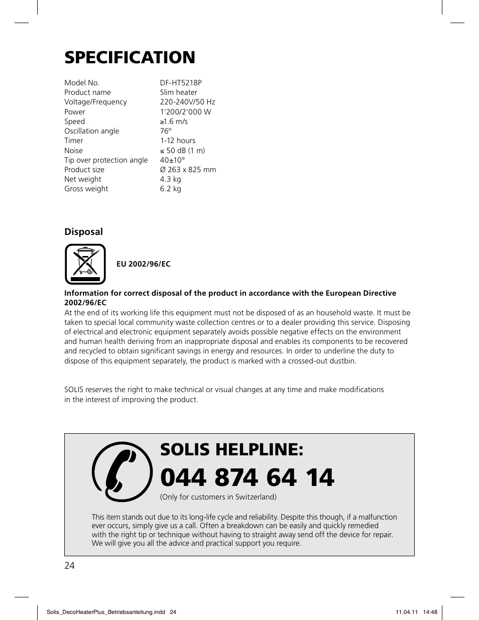 So lis h elp line, Sp ec if ic atio n | SOLIS Deco Heater Plus User Manual | Page 24 / 34