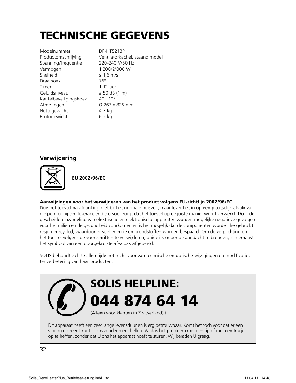 So lis h elp line, Tec h nisc h e gegev ens | SOLIS Deco Heater Plus User Manual | Page 32 / 34