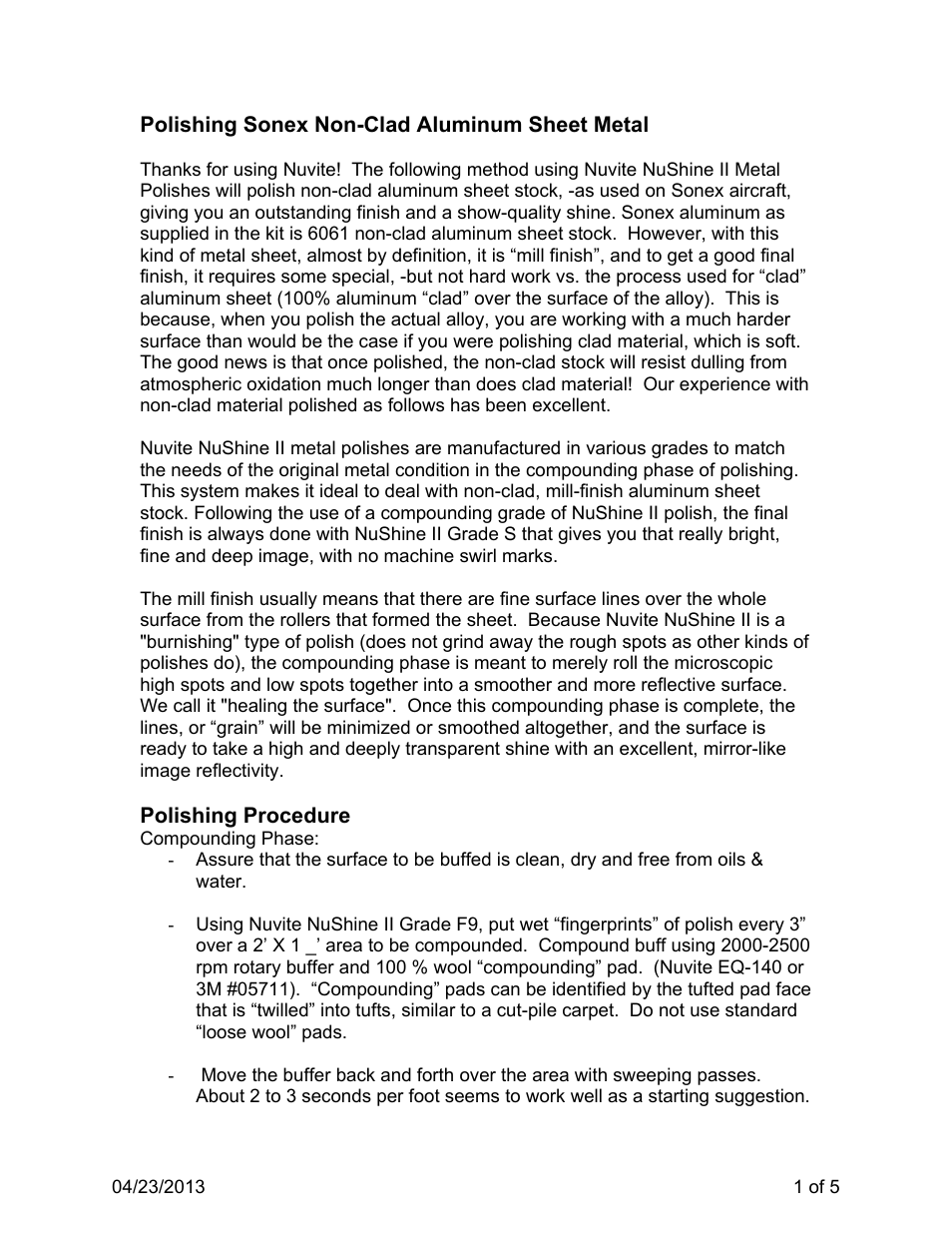Sonex Nuvite Polishing Instructions User Manual | 5 pages