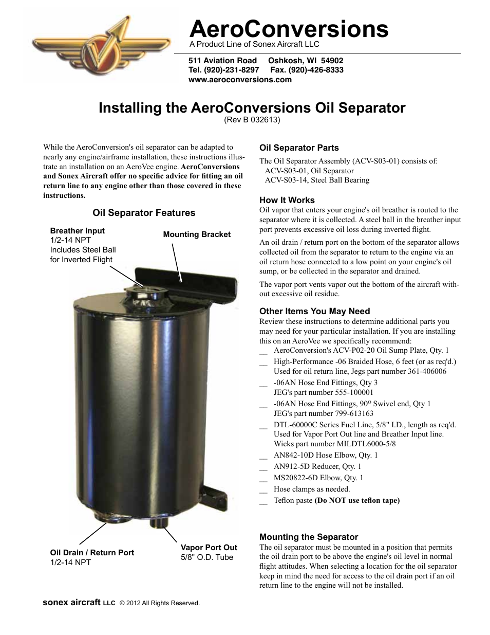 Sonex AeroConversions Oil Separator Installation User Manual | 3 pages