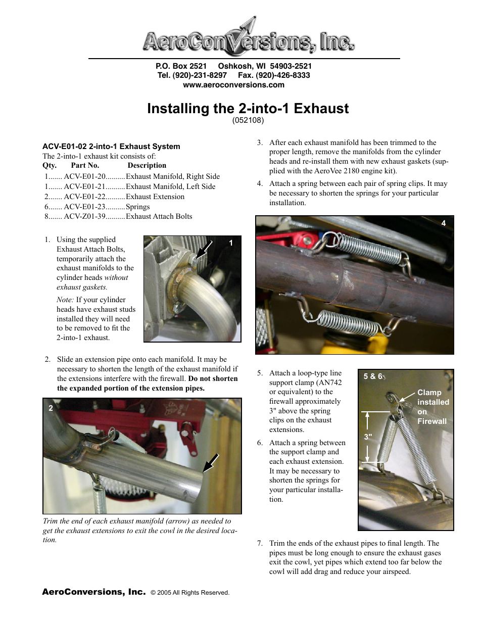 Sonex AeroVee 2-into-1 Stainless Exhaust Installation User Manual | 2 pages