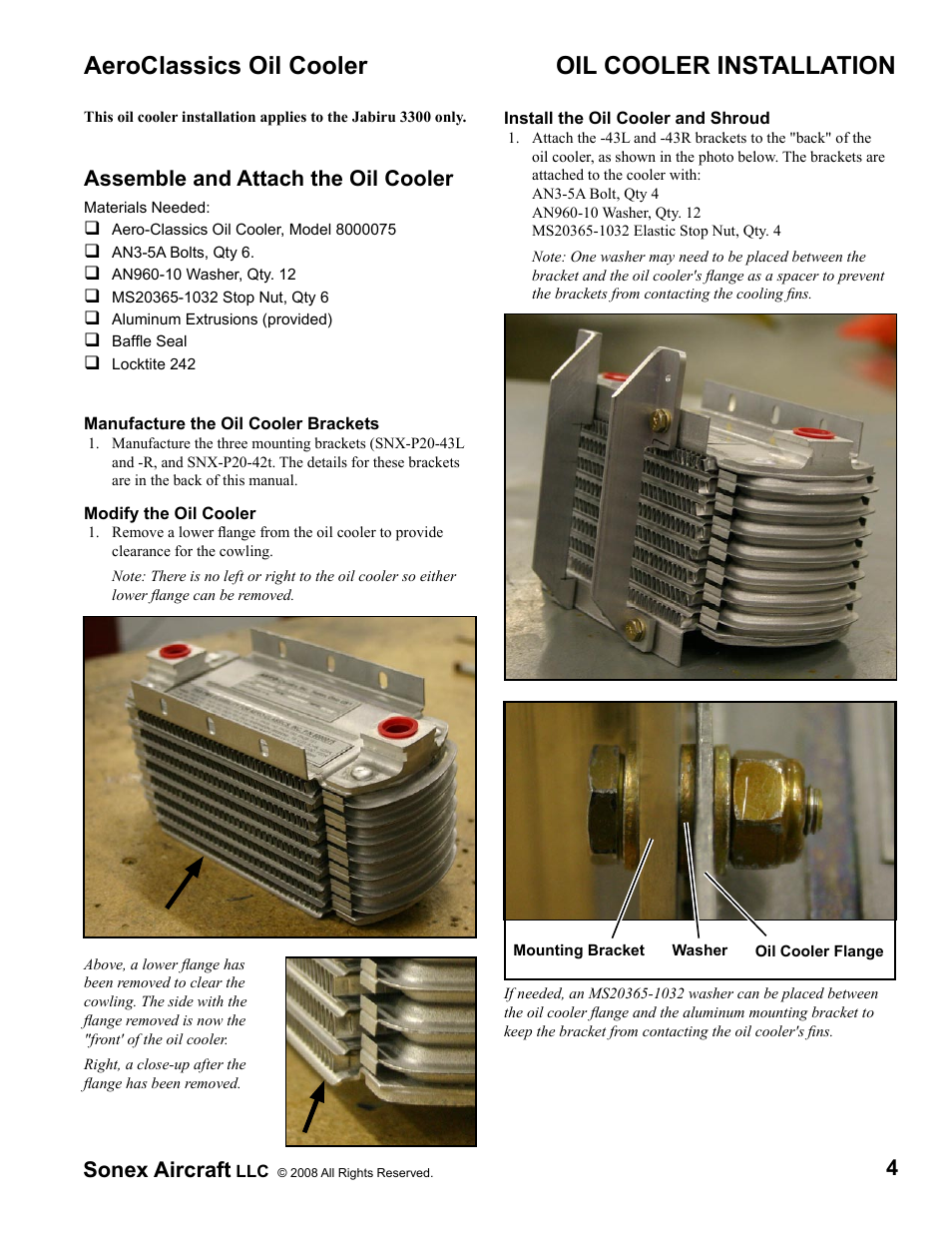 Aeroclassics oil cooler, Oil cooler installation, 4sonex aircraft | Assemble and attach the oil cooler | Sonex Jabiru 3300 Oil Cooler Upgrade Installation Instructions User Manual | Page 4 / 10