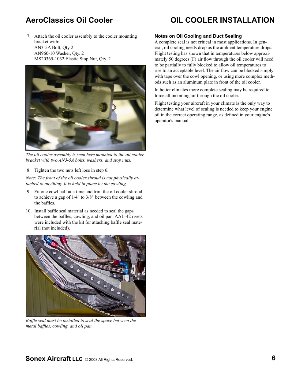 Aeroclassics oil cooler, Oil cooler installation, 6sonex aircraft | Sonex Jabiru 3300 Oil Cooler Upgrade Installation Instructions User Manual | Page 6 / 10