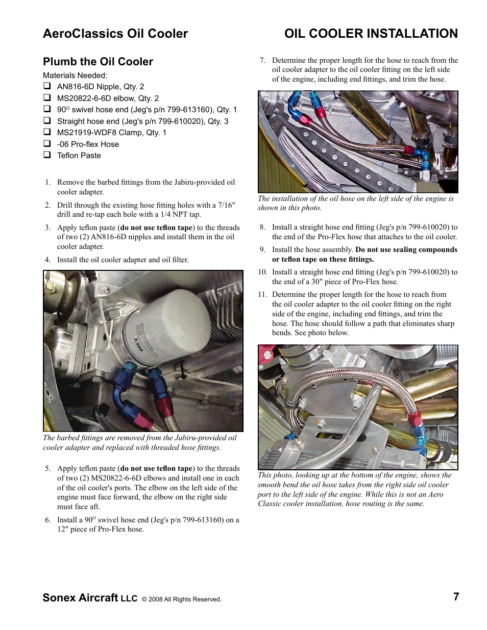 Aeroclassics oil cooler, Oil cooler installation, 7sonex aircraft | Plumb the oil cooler | Sonex Jabiru 3300 Oil Cooler Upgrade Installation Instructions User Manual | Page 7 / 10