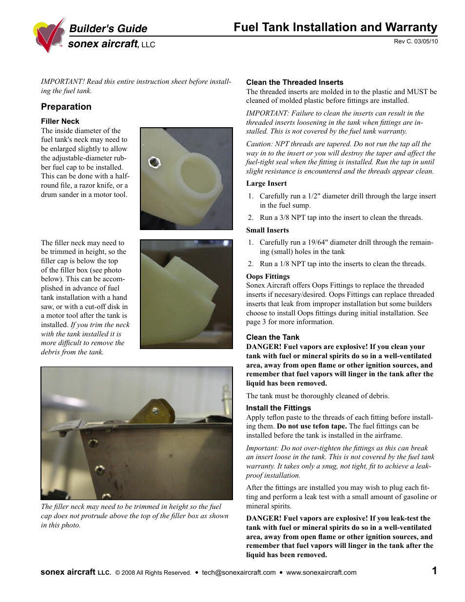 Sonex Fuel Tank Installation Tips User Manual | 3 pages