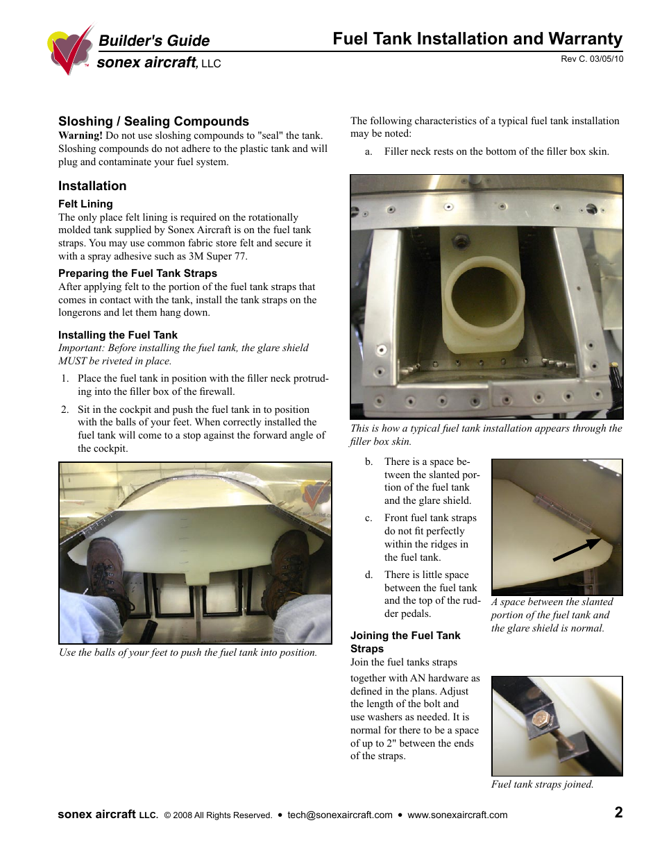 Fuel tank installation and warranty, Sonex aircraft, Builder's guide | Sonex Fuel Tank Installation Tips User Manual | Page 2 / 3