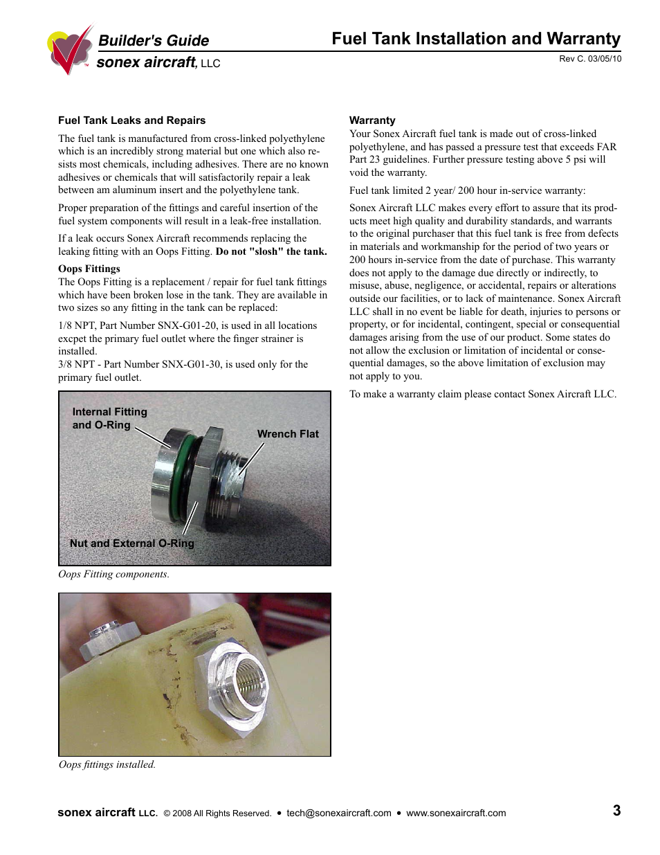 Fuel tank installation and warranty, Sonex aircraft, Builder's guide | Sonex Fuel Tank Installation Tips User Manual | Page 3 / 3