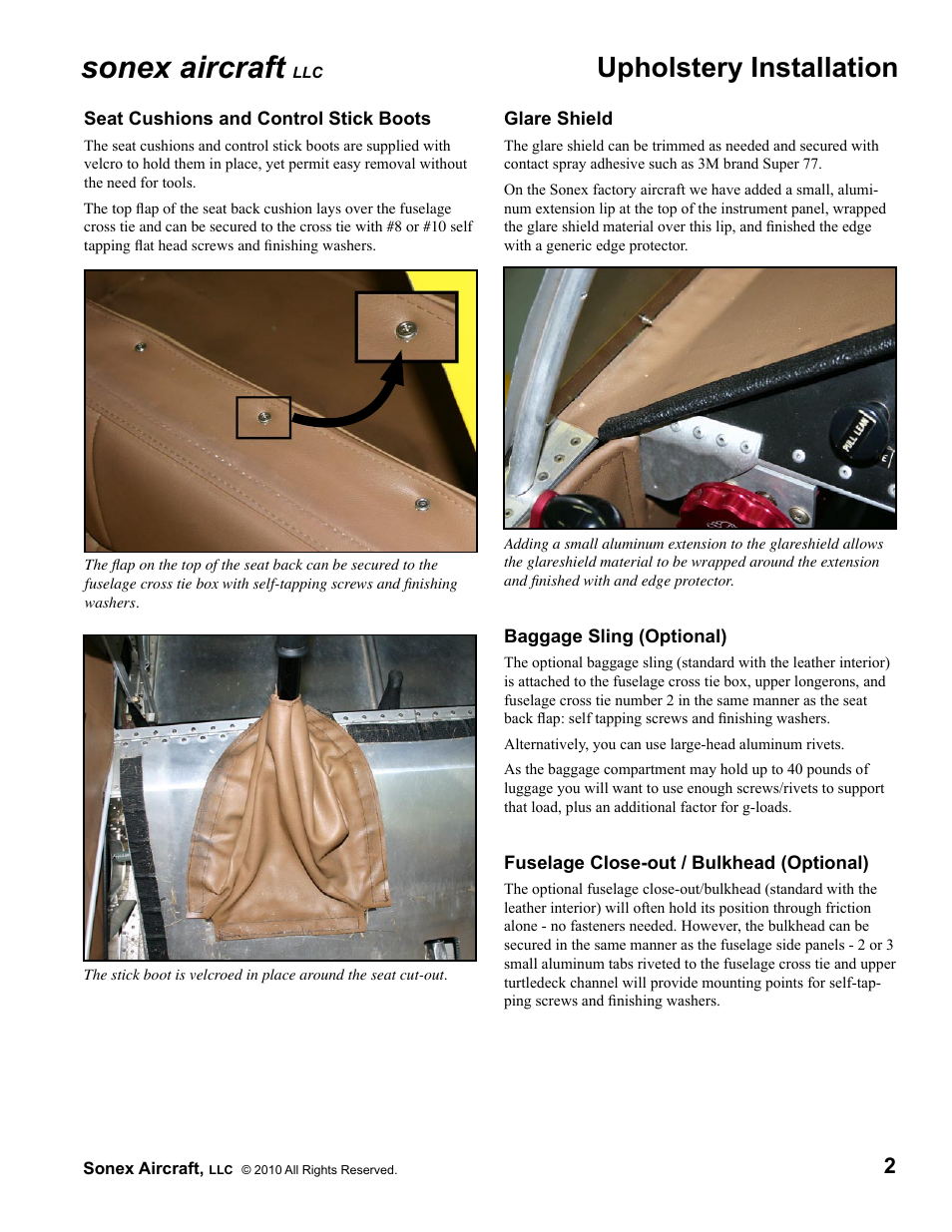 Sonex aircraft, Upholstery installation | Sonex Upholstery Installation Instructions User Manual | Page 2 / 2