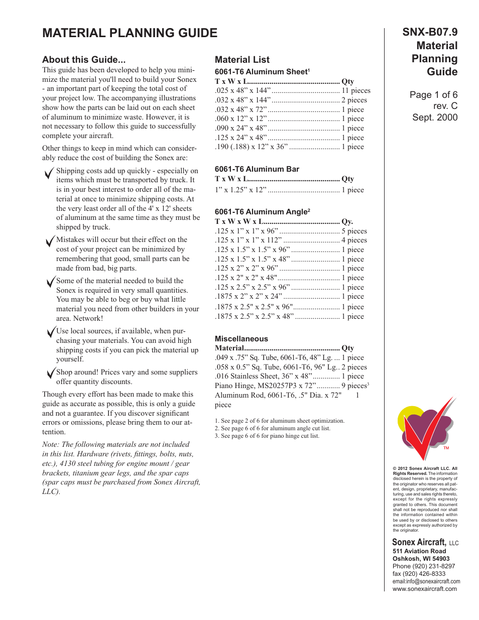 Sonex Material Planning Guide (for Scratch Building) User Manual | 6 pages