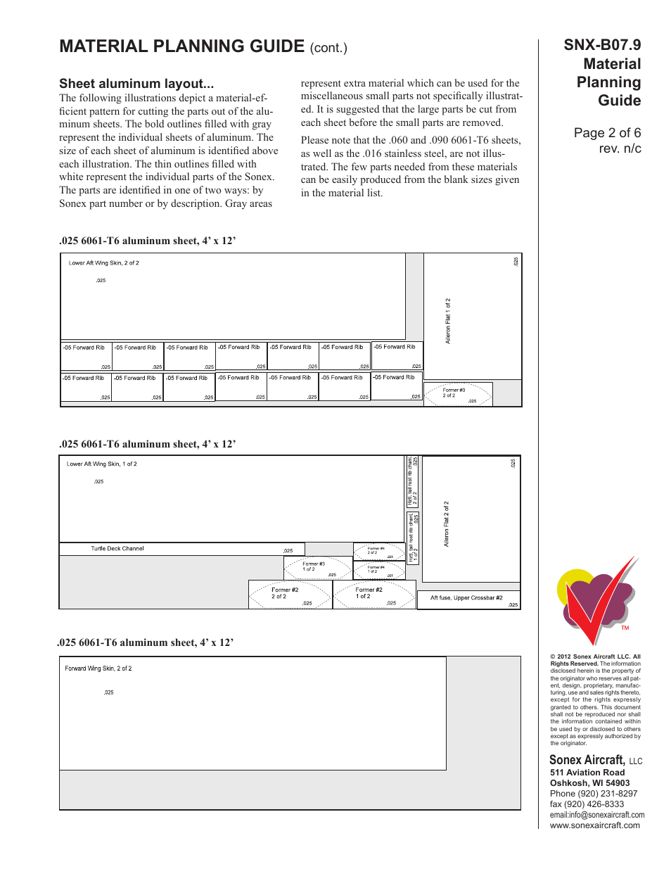 Material planning guide, Snx-b07.9 material planning guide, Sonex aircraft | Sheet aluminum layout, Page 2 of 6 rev. n/c, Cont.) | Sonex Material Planning Guide (for Scratch Building) User Manual | Page 2 / 6