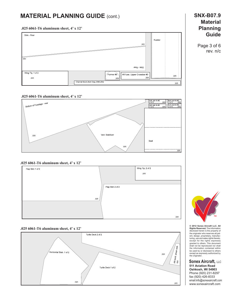 Material planning guide, Snx-b07.9 material planning guide, Sonex aircraft | Page 3 of 6 rev. n/c, Cont.) | Sonex Material Planning Guide (for Scratch Building) User Manual | Page 3 / 6