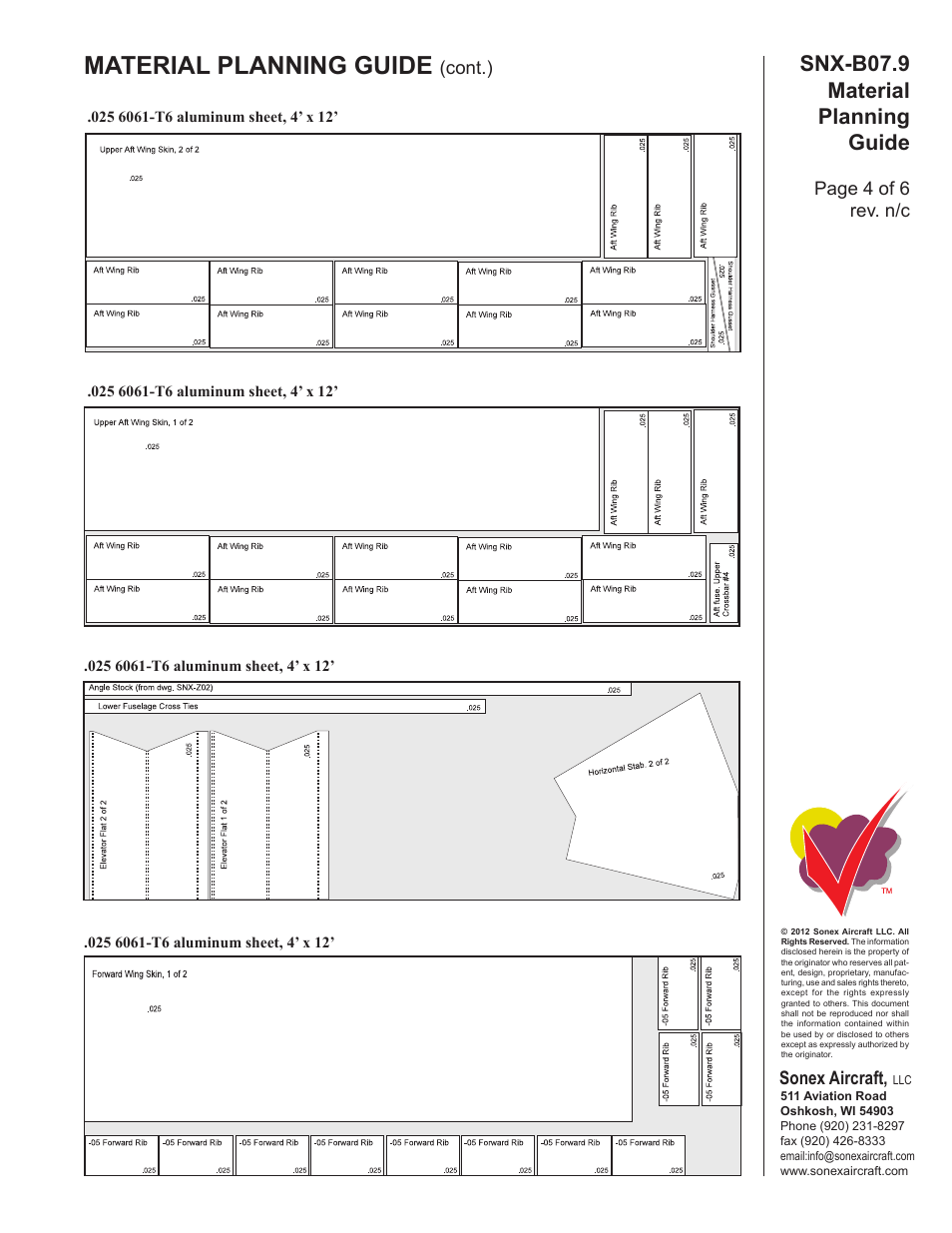 Material planning guide, Snx-b07.9 material planning guide, Sonex aircraft | Page 4 of 6 rev. n/c, Cont.) | Sonex Material Planning Guide (for Scratch Building) User Manual | Page 4 / 6