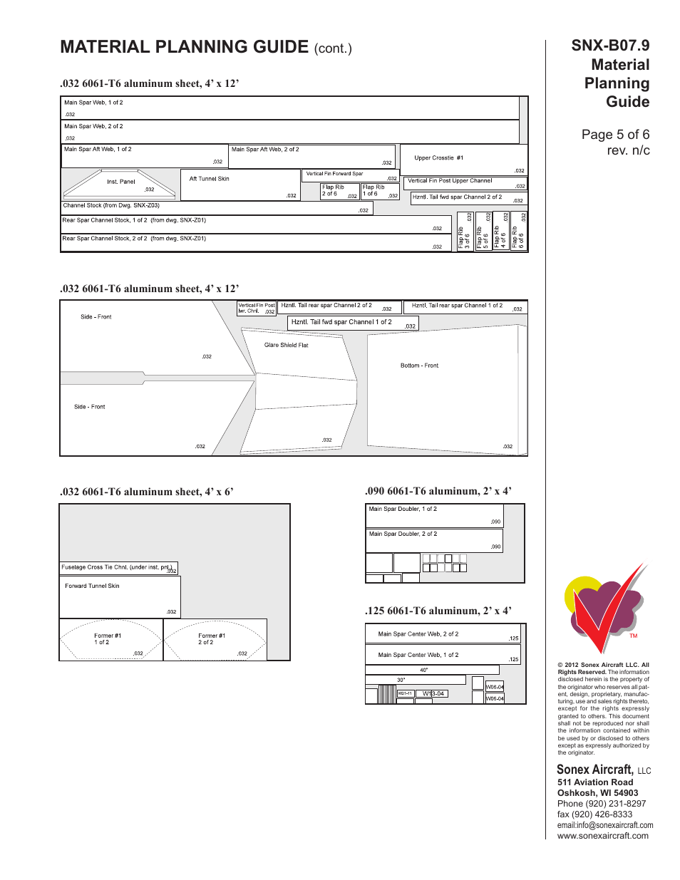 Material planning guide, Snx-b07.9 material planning guide, Sonex aircraft | Page 5 of 6 rev. n/c, Cont.) | Sonex Material Planning Guide (for Scratch Building) User Manual | Page 5 / 6