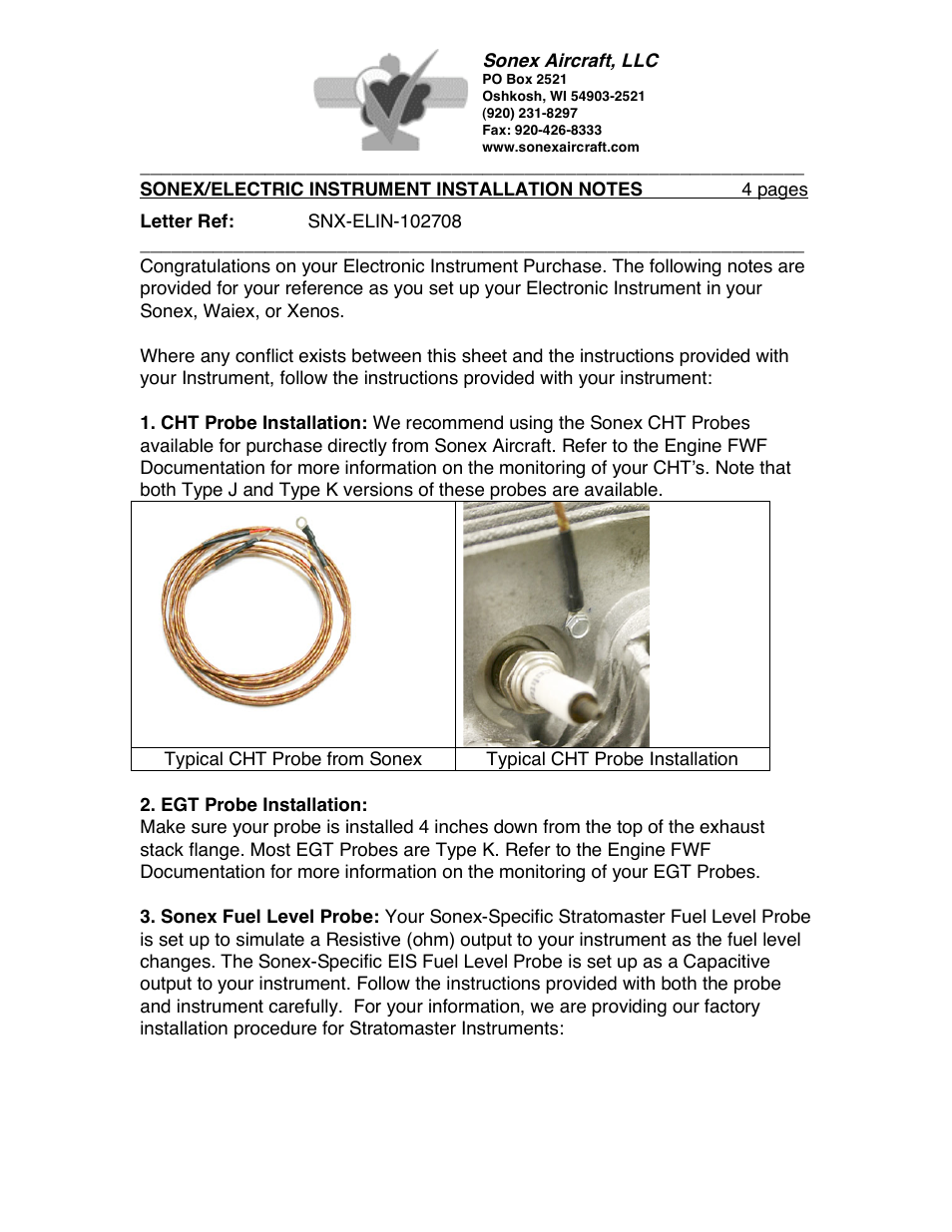 Sonex Electric Instrument Installation Instructions User Manual | 4 pages