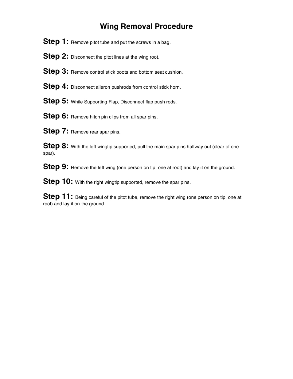 Wing removal procedure, Step 1, Step 2 | Step 3, Step 4, Step 5, Step 6, Step 7, Step 8, Step 9 | Sonex Wing Installation/Removal Instructions User Manual | Page 12 / 12