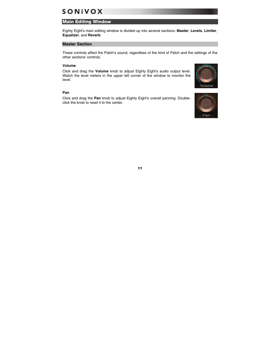 Main editing window, Master section, Volume | SONiVOX Eighty Eight Ensemble User Manual | Page 11 / 22