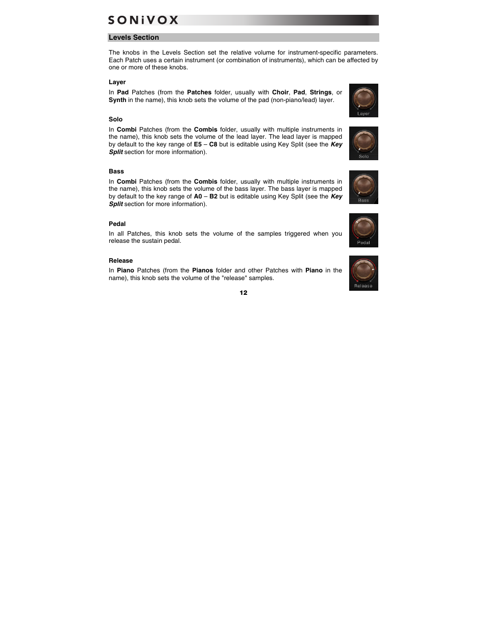 Levels section, Layer, Solo | Bass, Pedal, Release, Levels | SONiVOX Eighty Eight Ensemble User Manual | Page 12 / 22