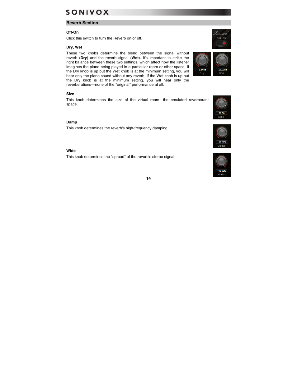 Reverb section, Off-on, Dry, wet | Size, Damp, Wide, Reverb | SONiVOX Eighty Eight Ensemble User Manual | Page 14 / 22