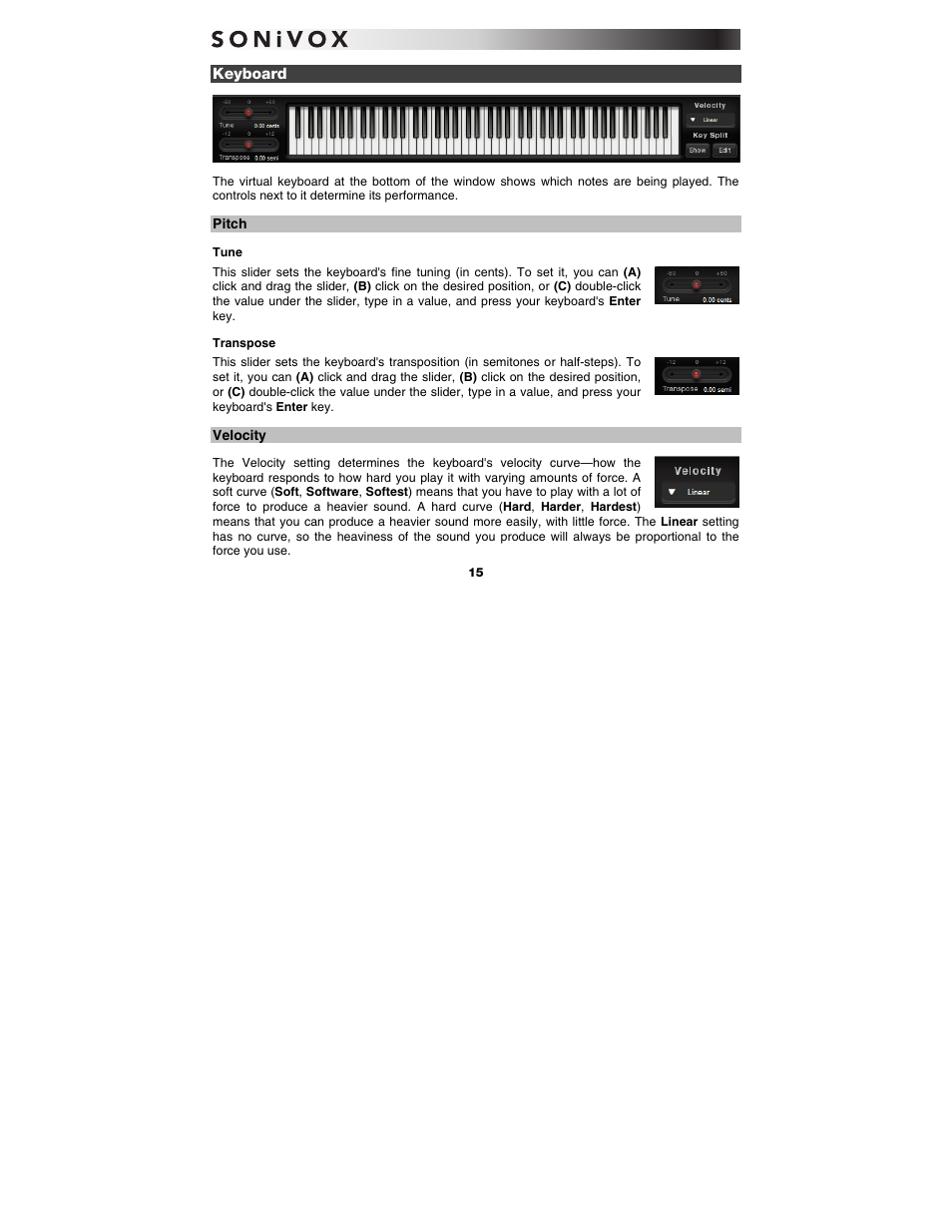 Keyboard, Pitch, Tune | Transpose, Velocity | SONiVOX Eighty Eight Ensemble User Manual | Page 15 / 22