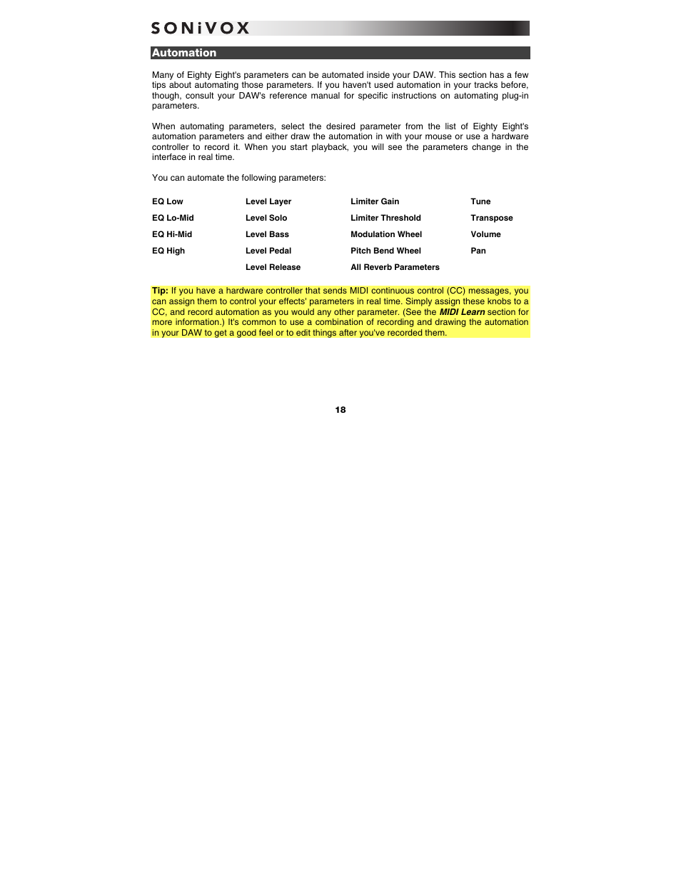 Automation | SONiVOX Eighty Eight Ensemble User Manual | Page 18 / 22