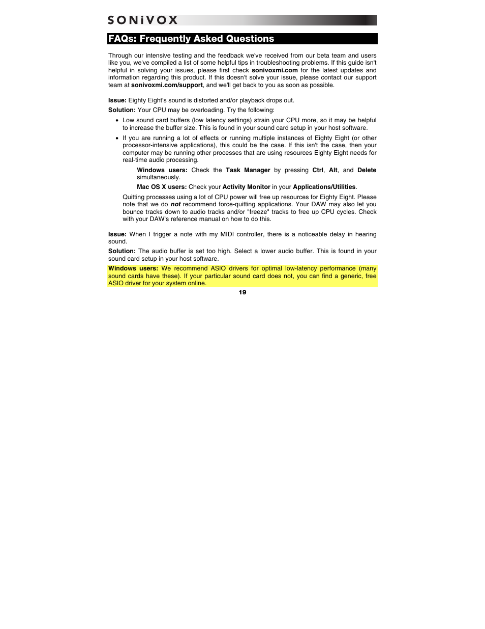 Faqs: frequently asked questions | SONiVOX Eighty Eight Ensemble User Manual | Page 19 / 22