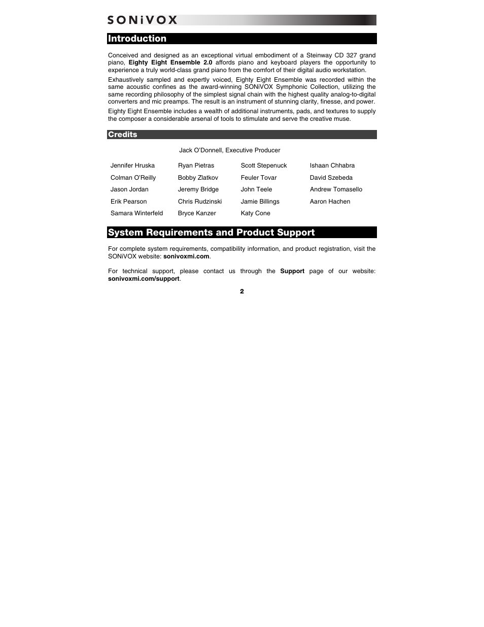 Introduction, Credits, System requirements and product support | SONiVOX Eighty Eight Ensemble User Manual | Page 2 / 22