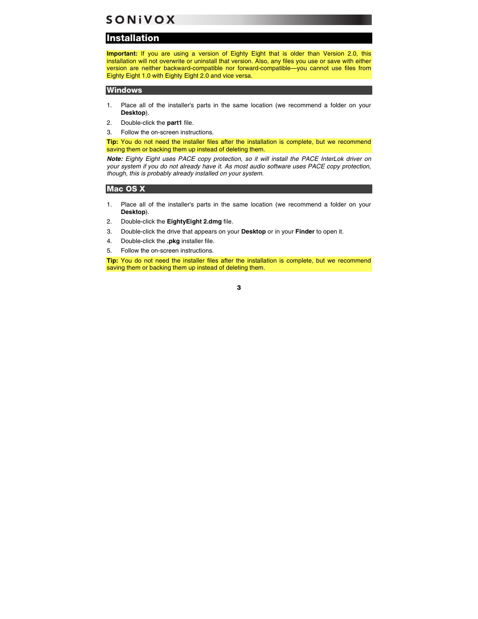 Installation, Windows, Mac os x | SONiVOX Eighty Eight Ensemble User Manual | Page 3 / 22