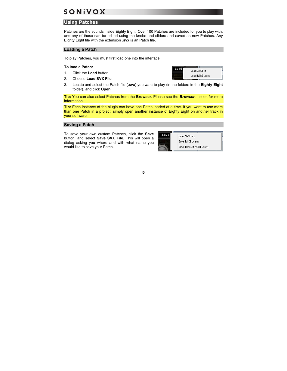 Using patches, Loading a patch, Saving a patch | SONiVOX Eighty Eight Ensemble User Manual | Page 5 / 22