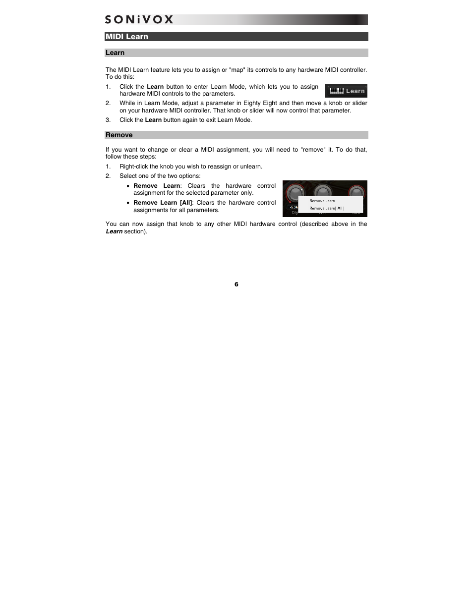 Midi learn, Learn, Remove | SONiVOX Eighty Eight Ensemble User Manual | Page 6 / 22