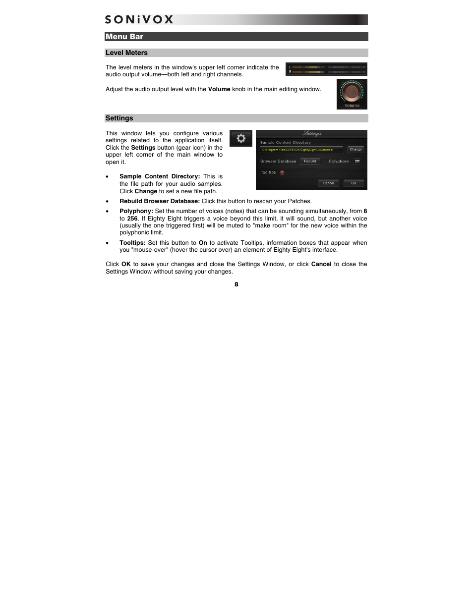 Menu bar, Level meters, Settings | SONiVOX Eighty Eight Ensemble User Manual | Page 8 / 22