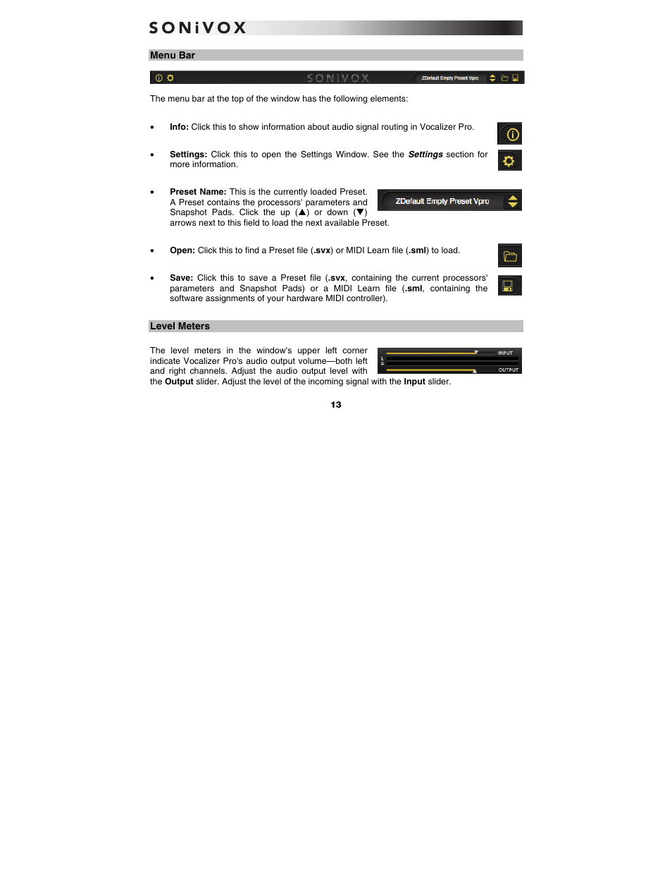 Menu bar, Level meters | SONiVOX Vocalizer Pro User Manual | Page 13 / 25