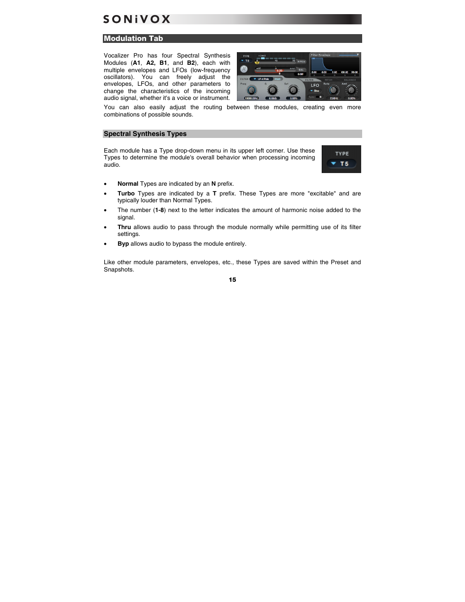 Modulation tab, Spectral synthesis types | SONiVOX Vocalizer Pro User Manual | Page 15 / 25