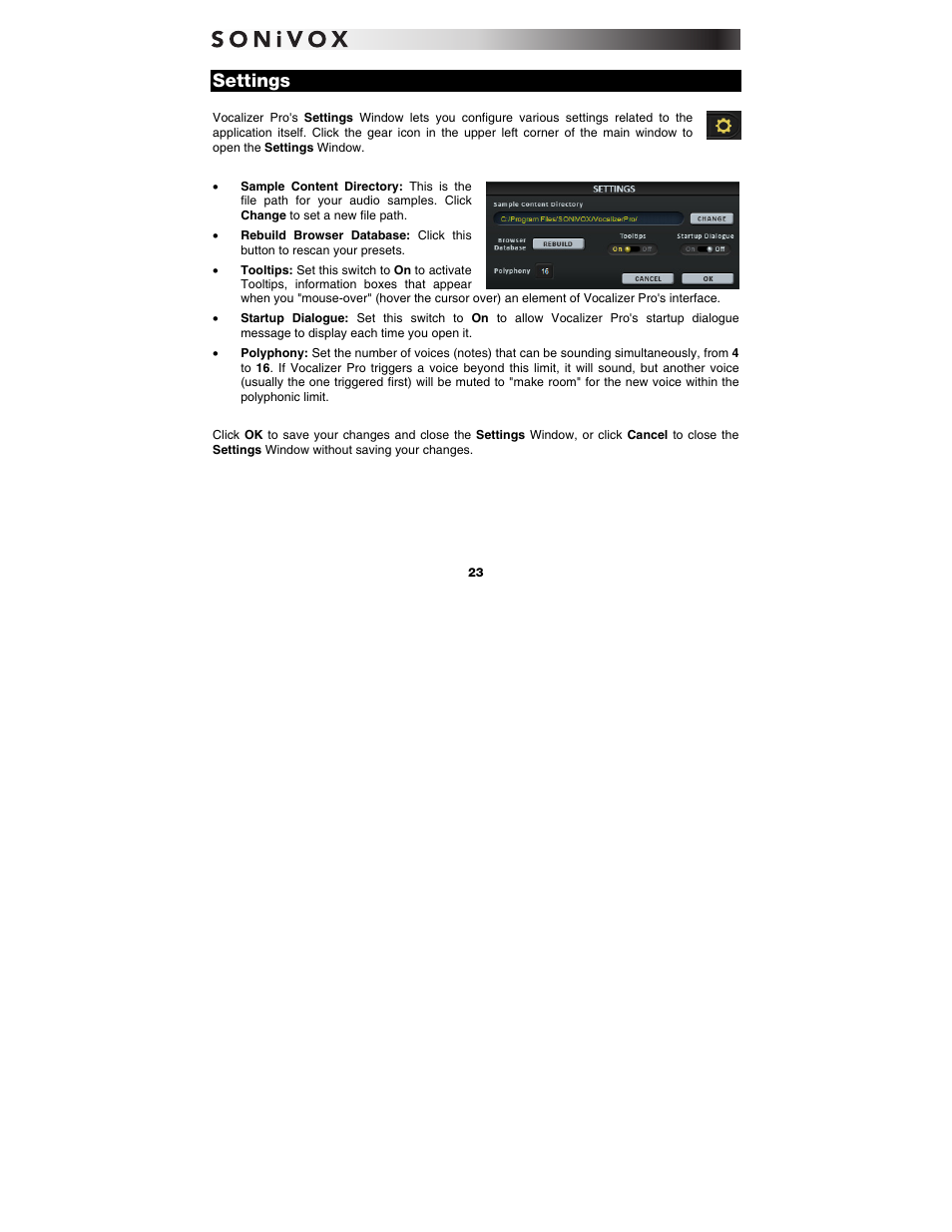 Settings | SONiVOX Vocalizer Pro User Manual | Page 23 / 25