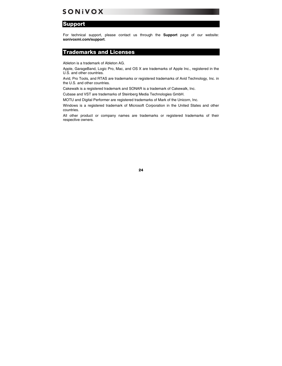 Support, Trademarks and licenses | SONiVOX Vocalizer Pro User Manual | Page 24 / 25