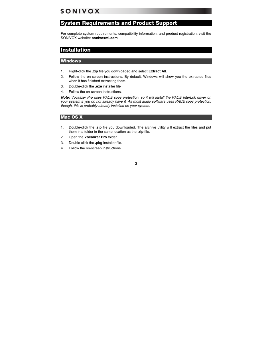 System requirements and product support, Installation, Windows | Mac os x | SONiVOX Vocalizer Pro User Manual | Page 3 / 25