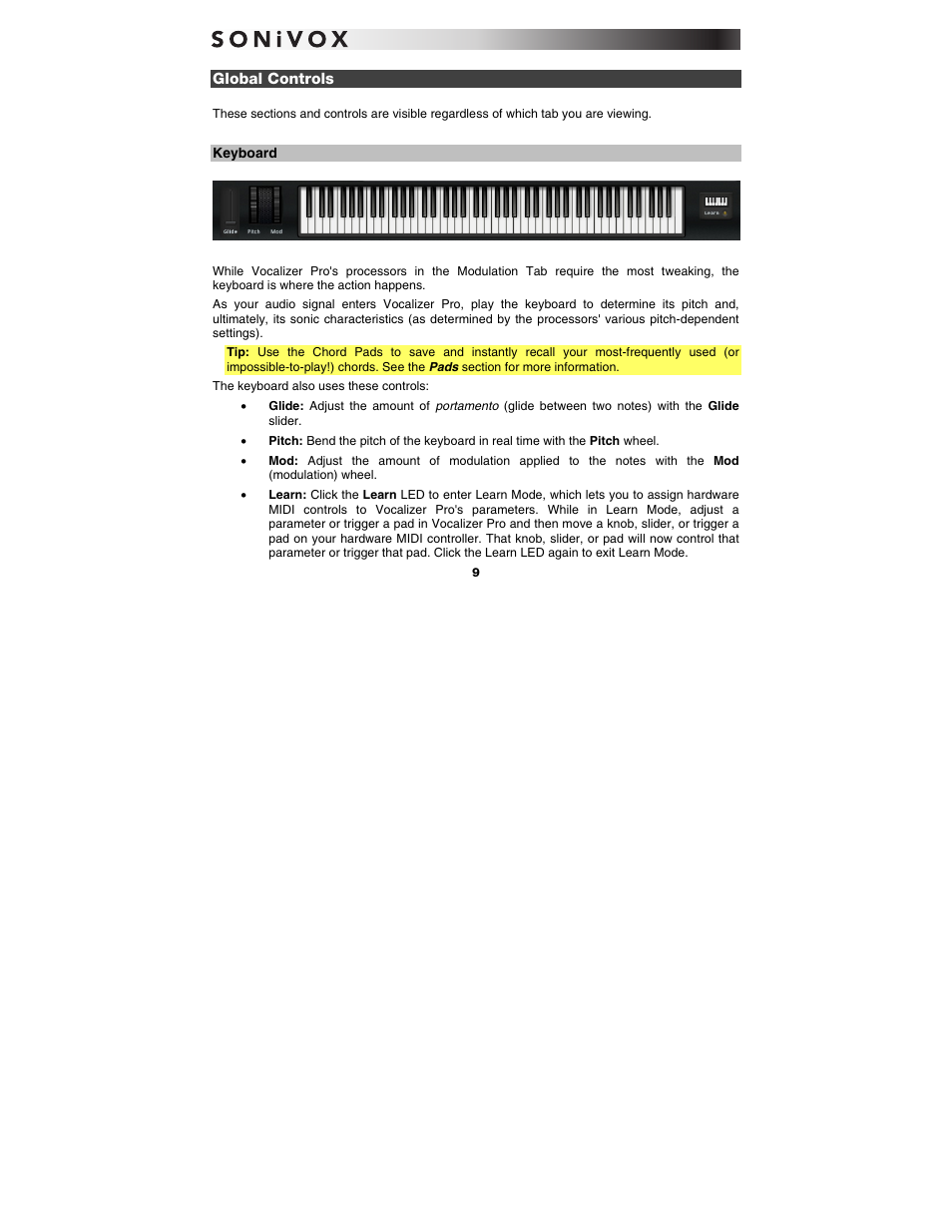 Global controls, Keyboard | SONiVOX Vocalizer Pro User Manual | Page 9 / 25